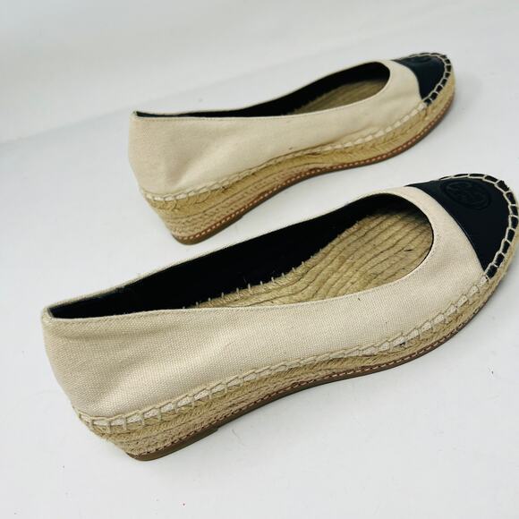 Tory Burch Cap Toe Espadrille Wedge Shoe Slip On Casual Tan Black - 8.5 - Picture 2 of 9